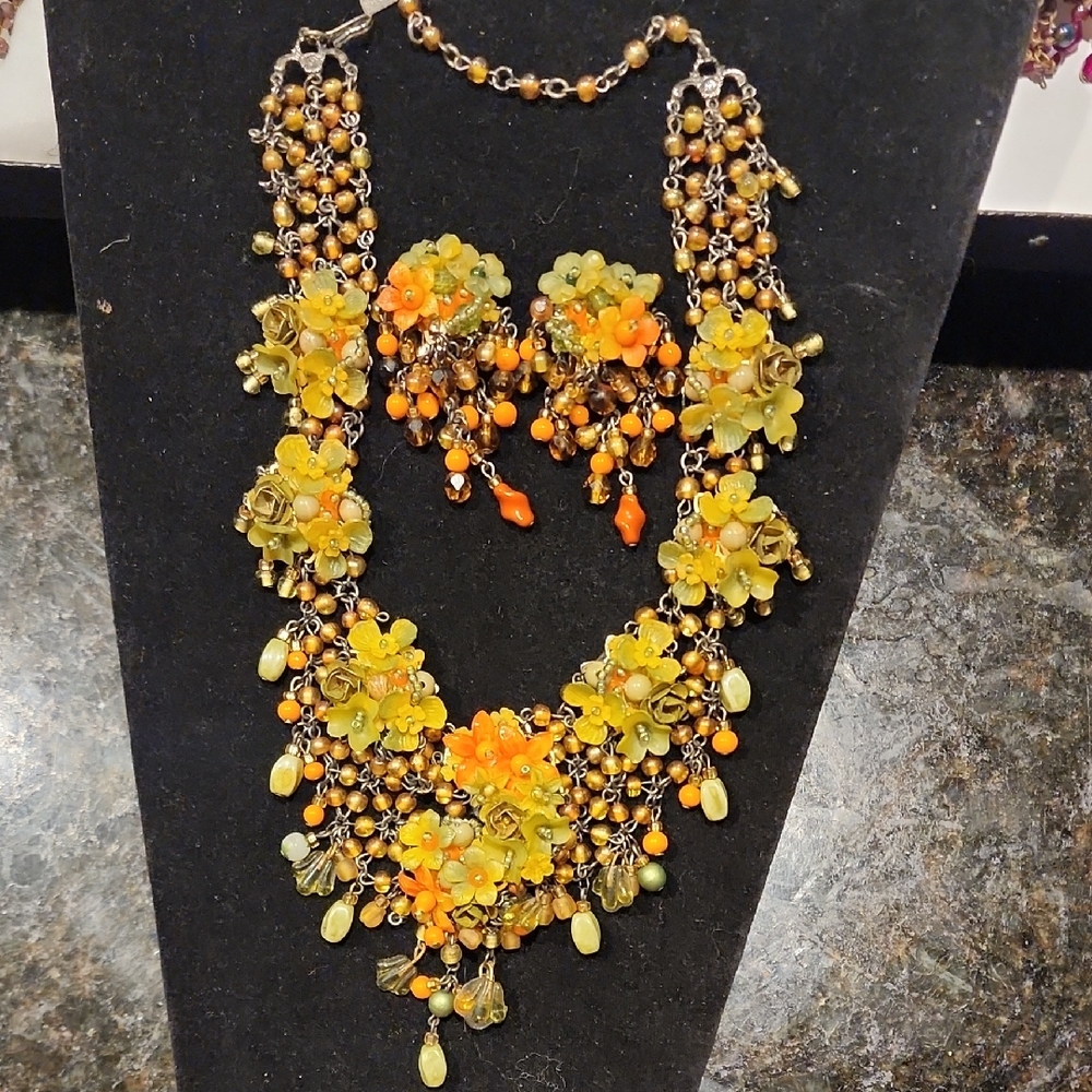 Floral Beaded Necklace and Earring Set By Colleen Toland